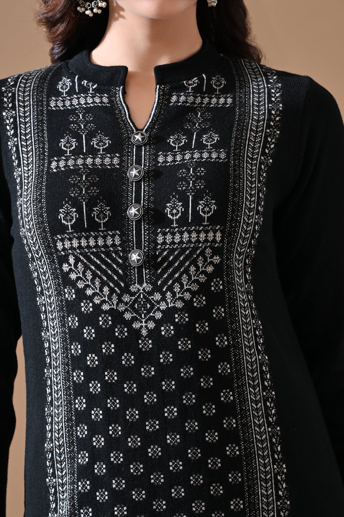 Winter Black Printed Ethnic Motifs Woven Kurta 3 Pcs Set