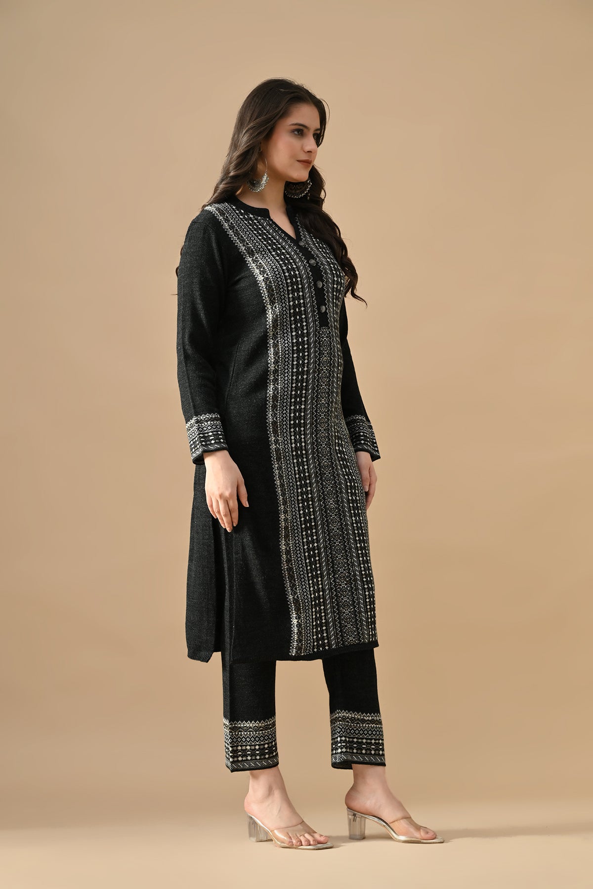 Winter Black Printed Ethnic Motifs Woven Kurta 3 Pcs Set