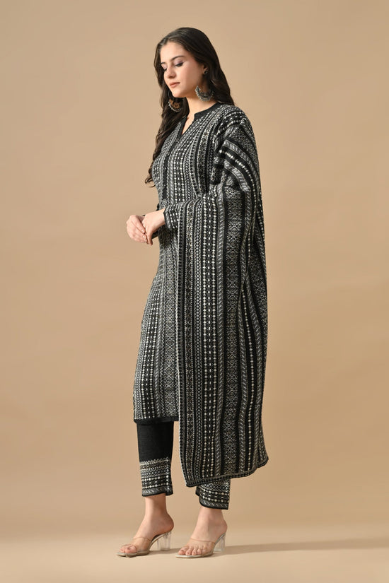 Winter Black Printed Ethnic Motifs Woven Kurta 3 Pcs Set