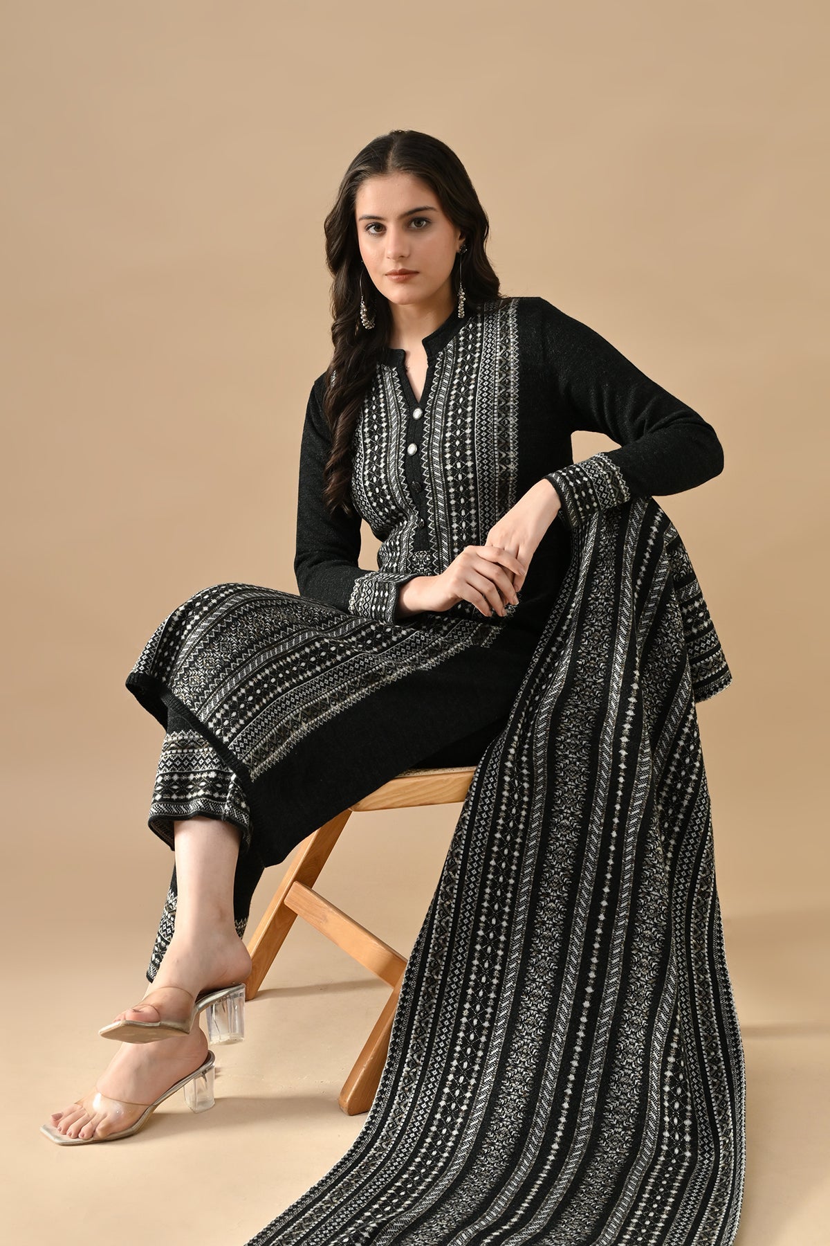 Winter Black Printed Ethnic Motifs Woven Kurta 3 Pcs Set