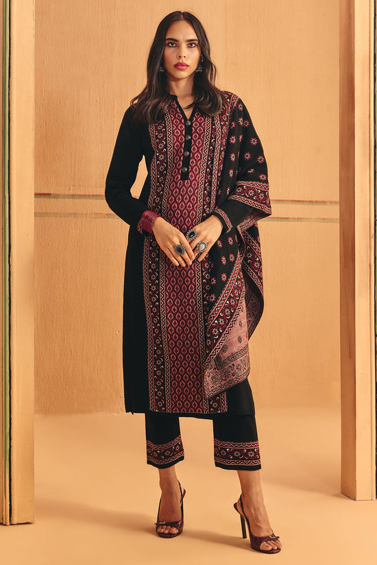 Winter Black Printed Ethnic Motifs Woven Kurta Set