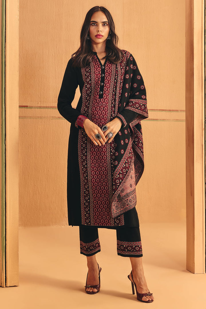 Winter Black Printed Ethnic Motifs Woven Kurta Set