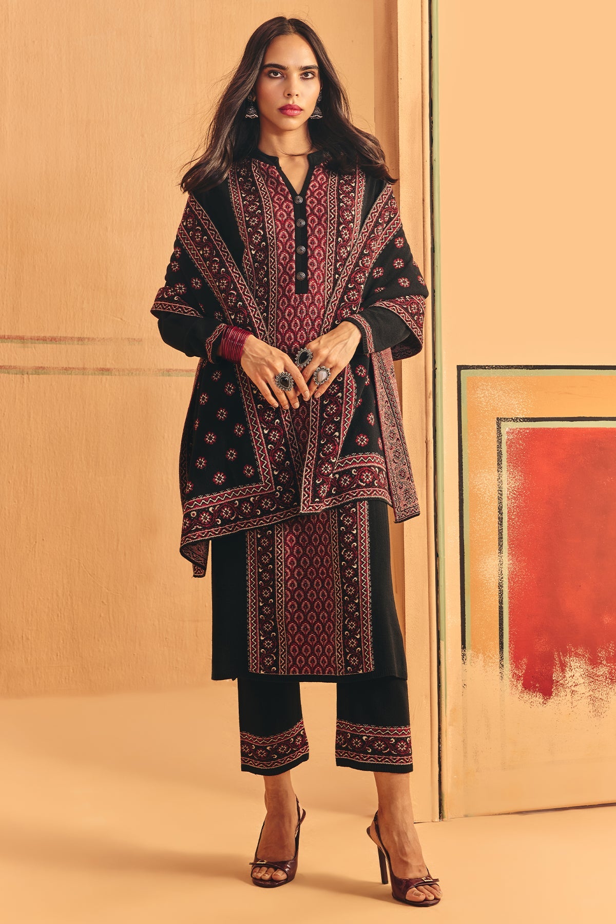 Winter Black Printed Ethnic Motifs Woven Kurta Set