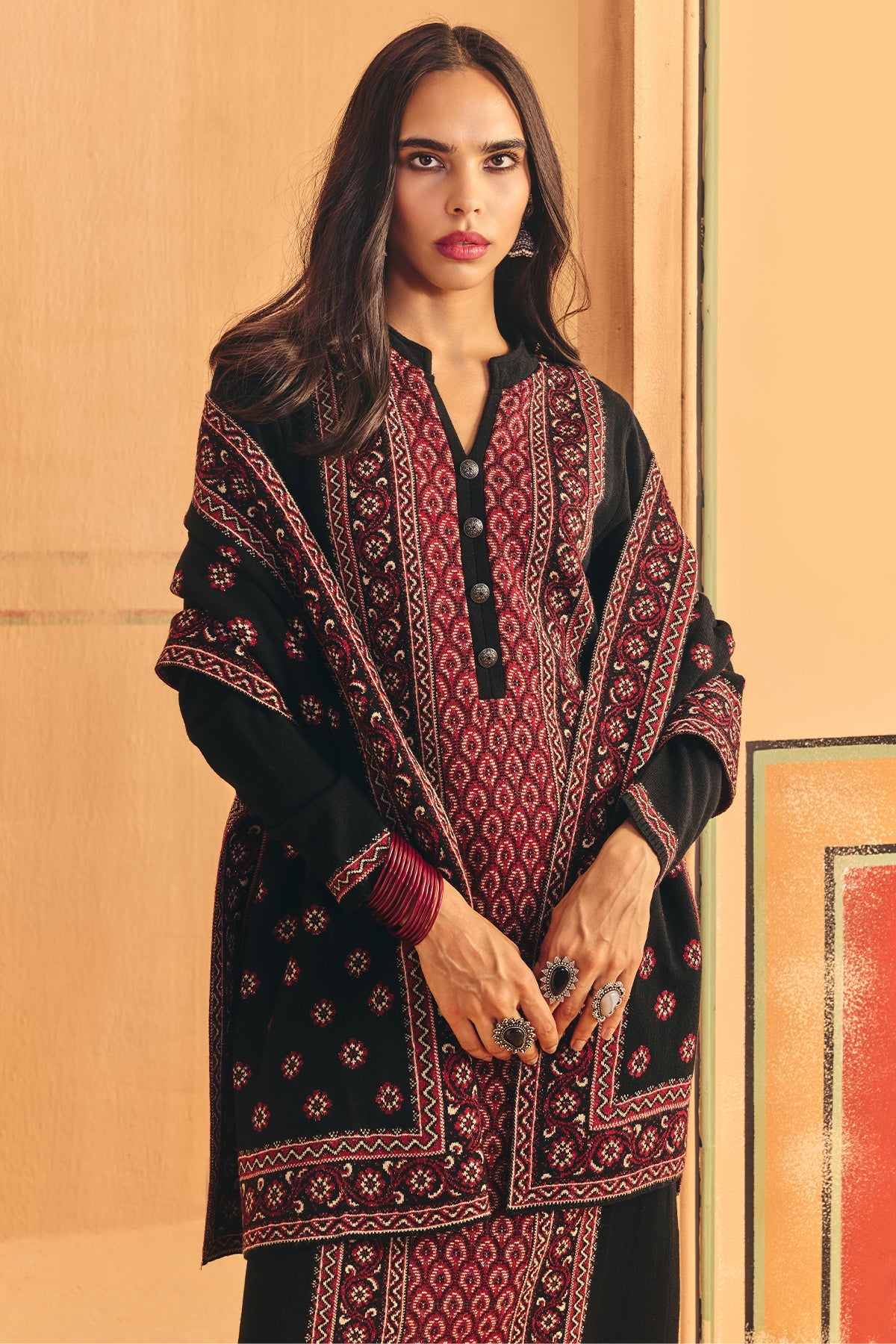Winter Black Printed Ethnic Motifs Woven Kurta Set