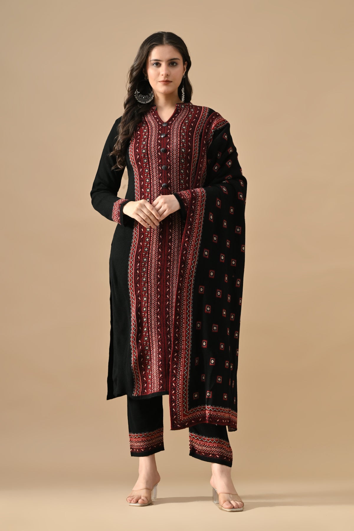Winter Black Printed Ethnic Motifs Woven Kurta 3 Pcs Set