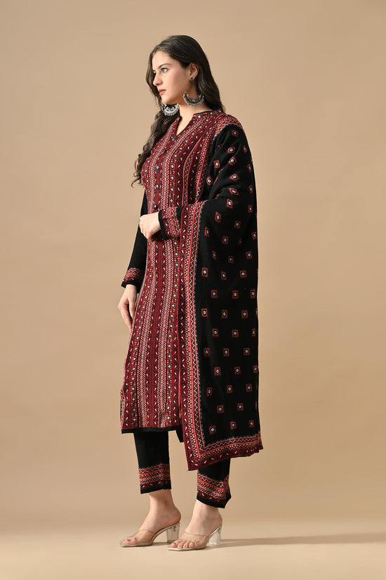 Winter Black Printed Ethnic Motifs Woven Kurta 3 Pcs Set