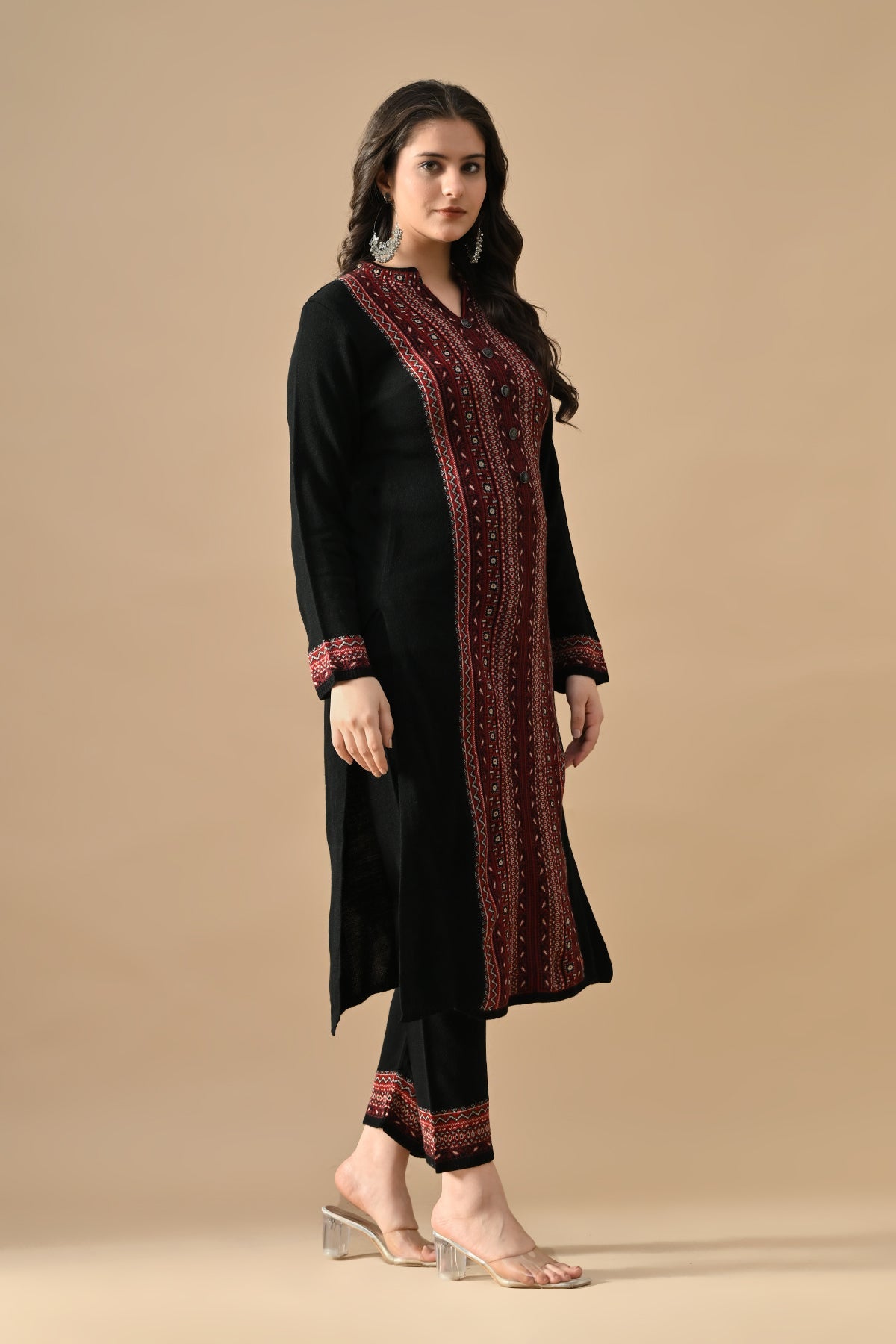Winter Black Printed Ethnic Motifs Woven Kurta 3 Pcs Set