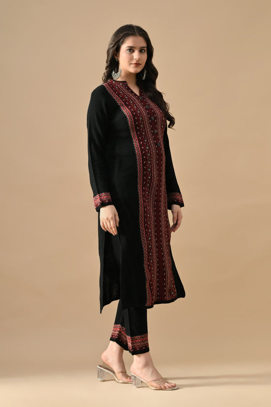 Winter Black Printed Ethnic Motifs Woven Kurta 3 Pcs Set