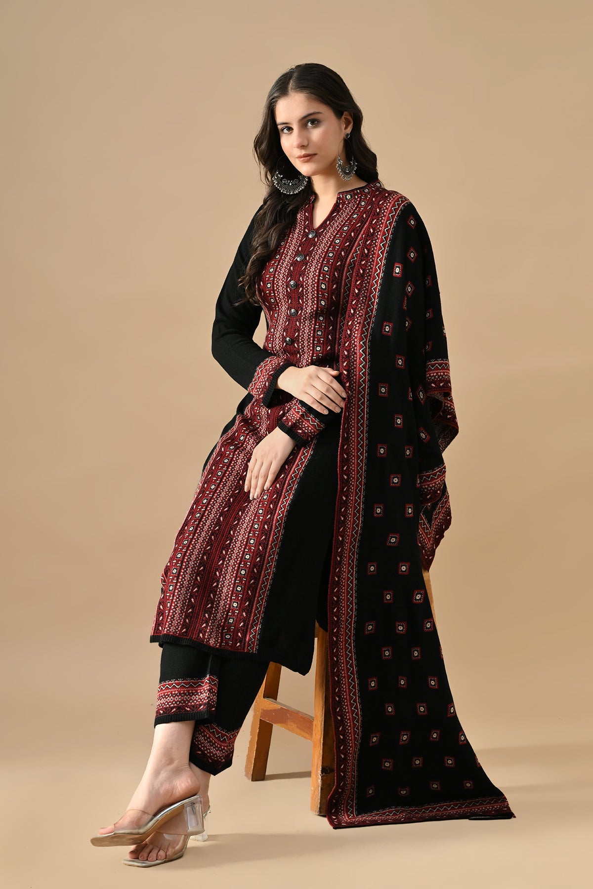 Winter Black Printed Ethnic Motifs Woven Kurta 3 Pcs Set