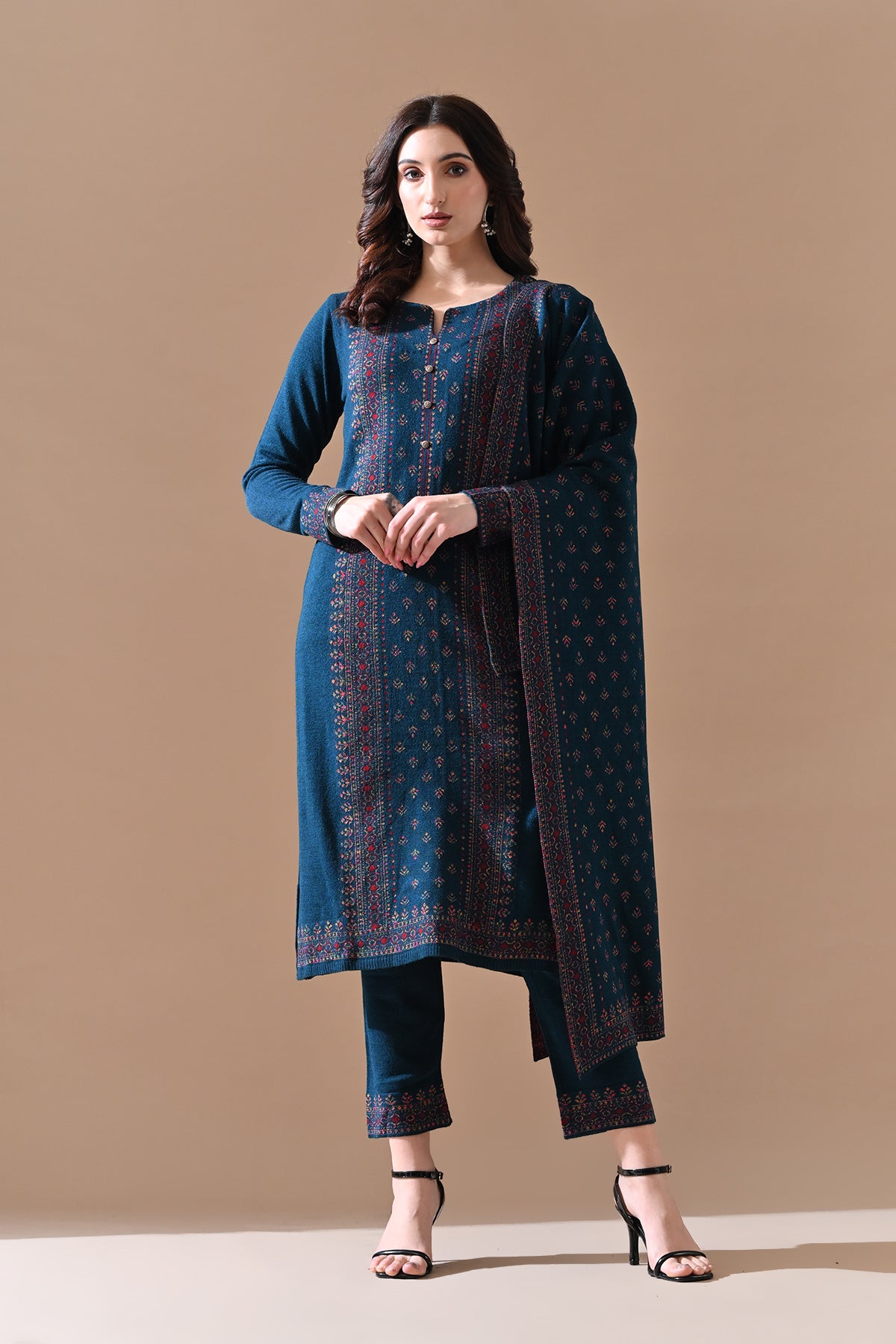 Winter Peacock Blue Printed Ethnic Motifs Woven Kurta 3 Pcs Set