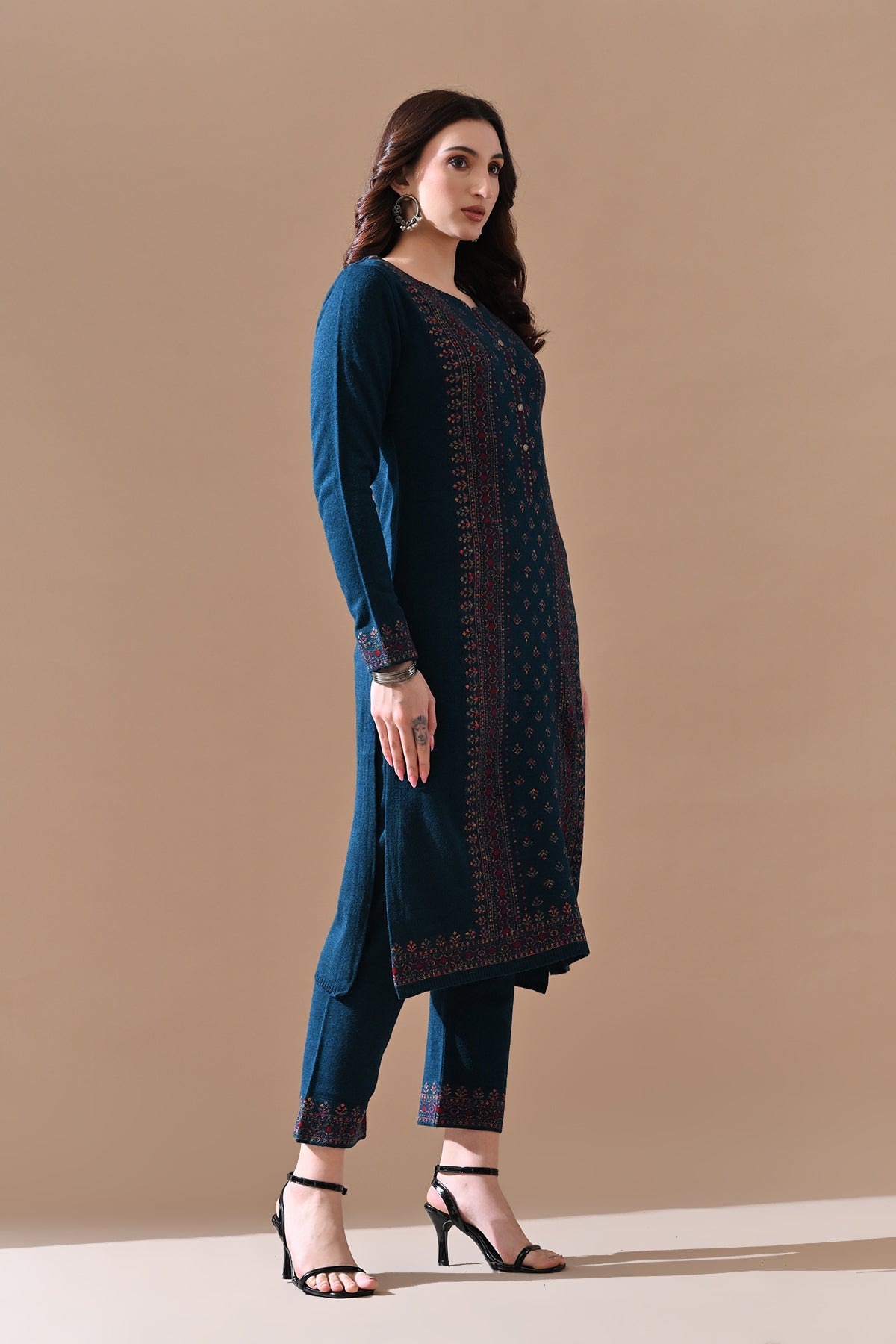 Winter Peacock Blue Printed Ethnic Motifs Woven Kurta 3 Pcs Set