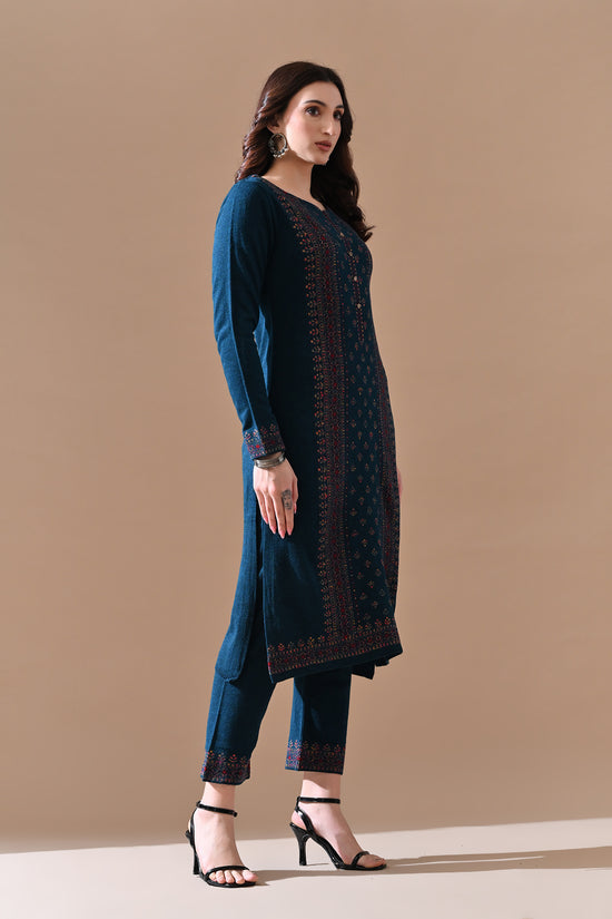 Winter Peacock Blue Printed Ethnic Motifs Woven Kurta 3 Pcs Set