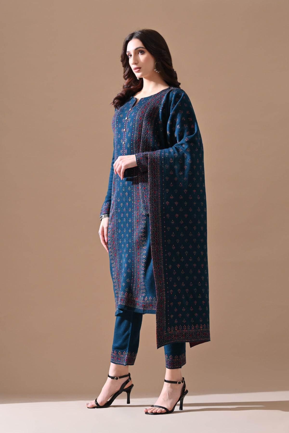 Winter Peacock Blue Printed Ethnic Motifs Woven Kurta 3 Pcs Set
