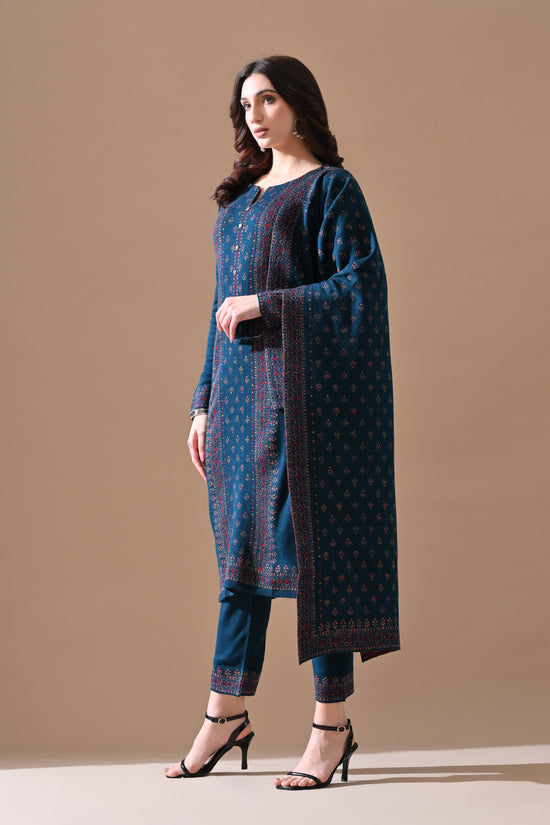 Winter Peacock Blue Printed Ethnic Motifs Woven Kurta 3 Pcs Set