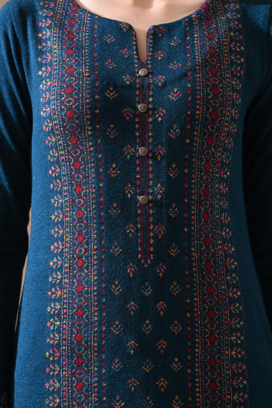 Winter Peacock Blue Printed Ethnic Motifs Woven Kurta 3 Pcs Set