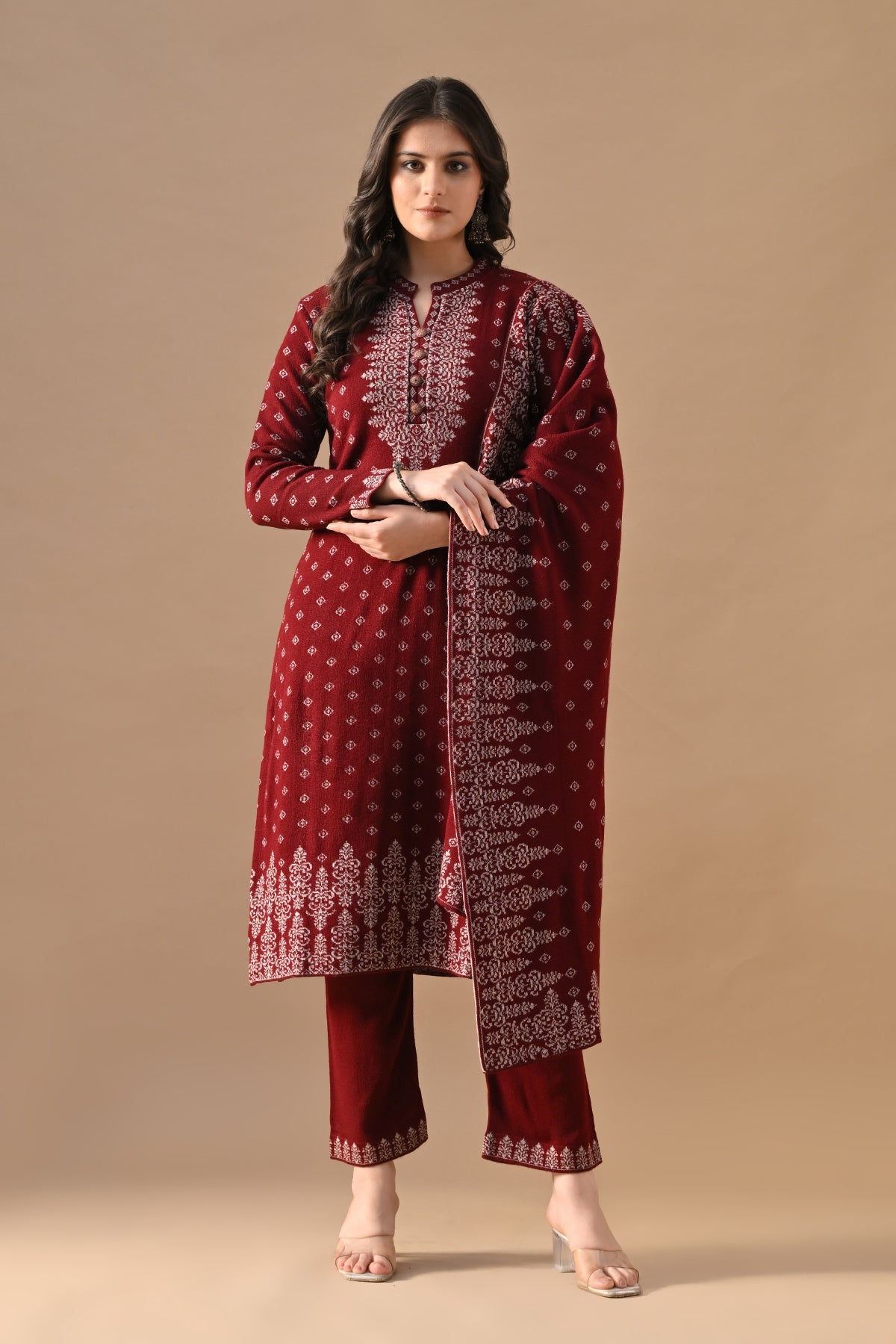 Winter Maroon Printed Ethnic Motifs Woven Kurta 3 Pcs Set