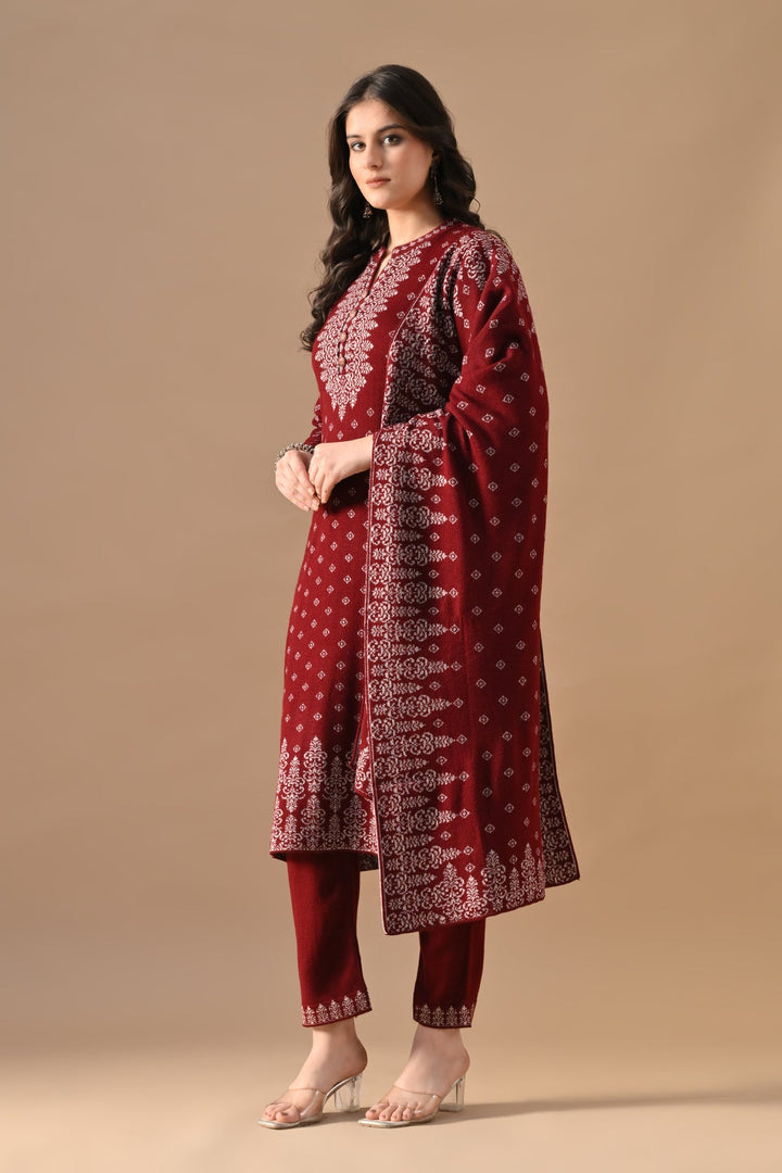 Winter Maroon Printed Ethnic Motifs Woven Kurta Set