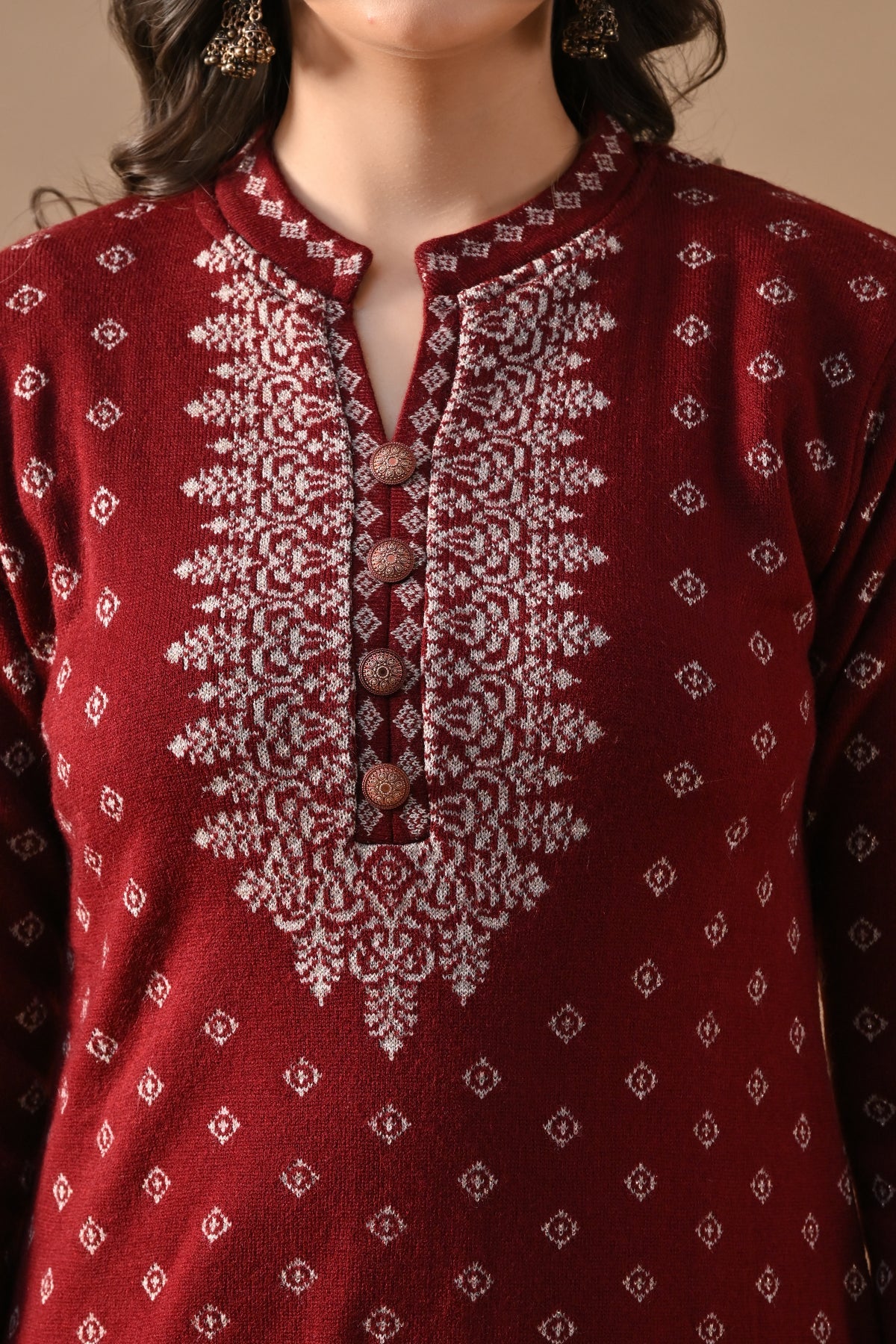 Winter Maroon Printed Ethnic Motifs Woven Kurta 3 Pcs Set