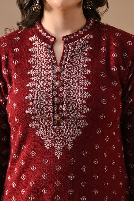 Winter Maroon Printed Ethnic Motifs Woven Kurta 3 Pcs Set