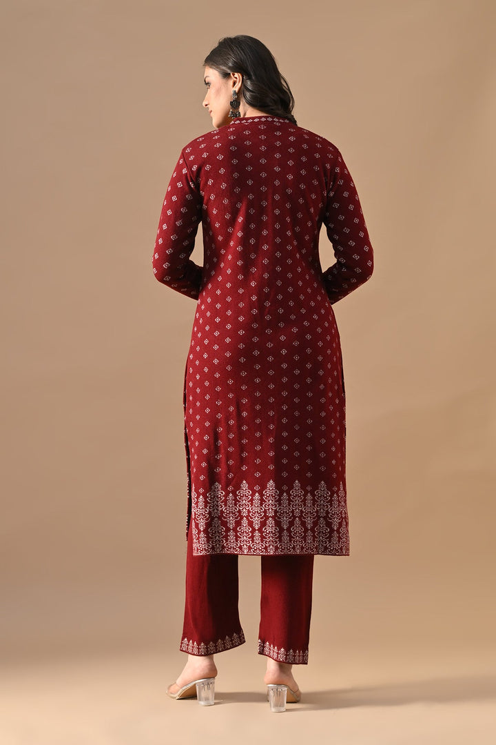 Winter Maroon Printed Ethnic Motifs Woven Kurta Set