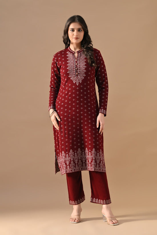 Winter Maroon Printed Ethnic Motifs Woven Kurta 3 Pcs Set