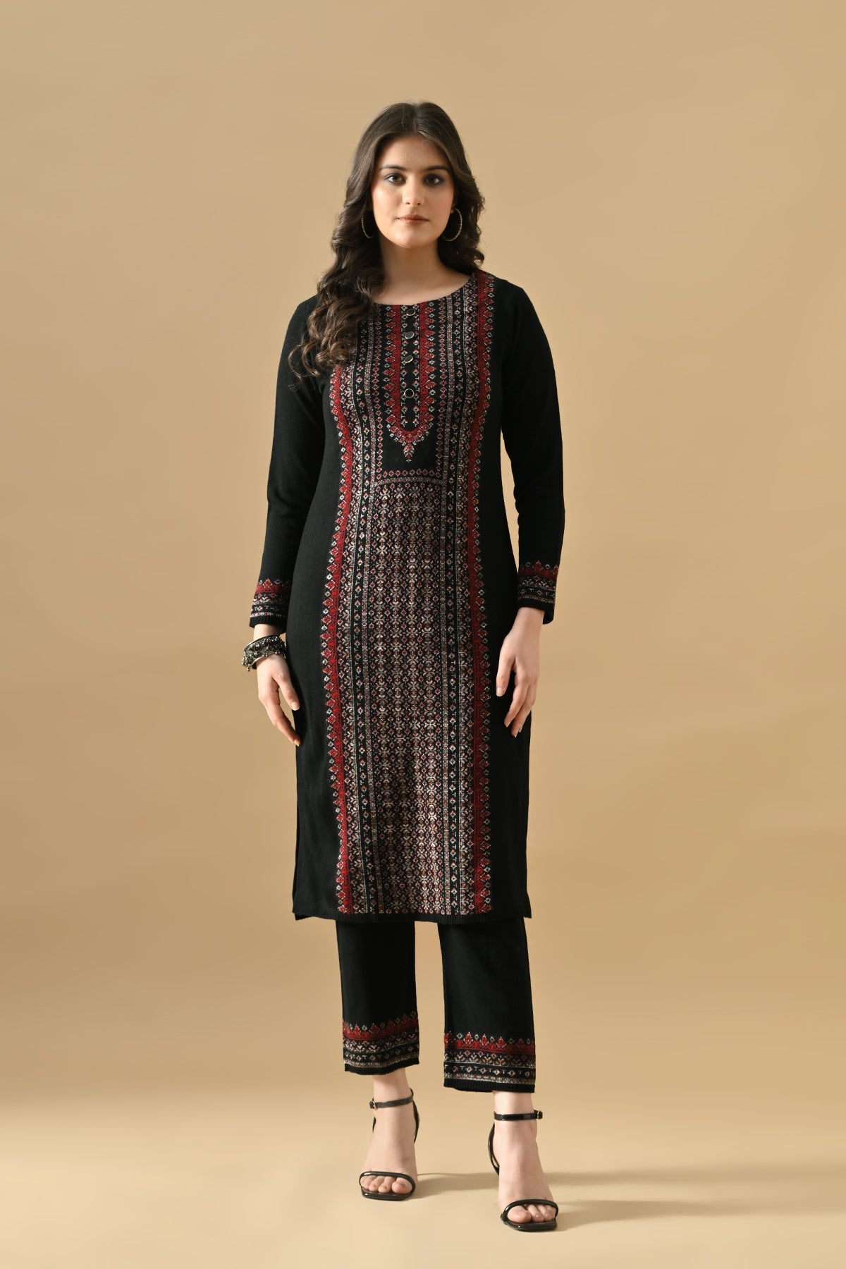 Winter Black Printed Ethnic Motifs Woven Kurta Set