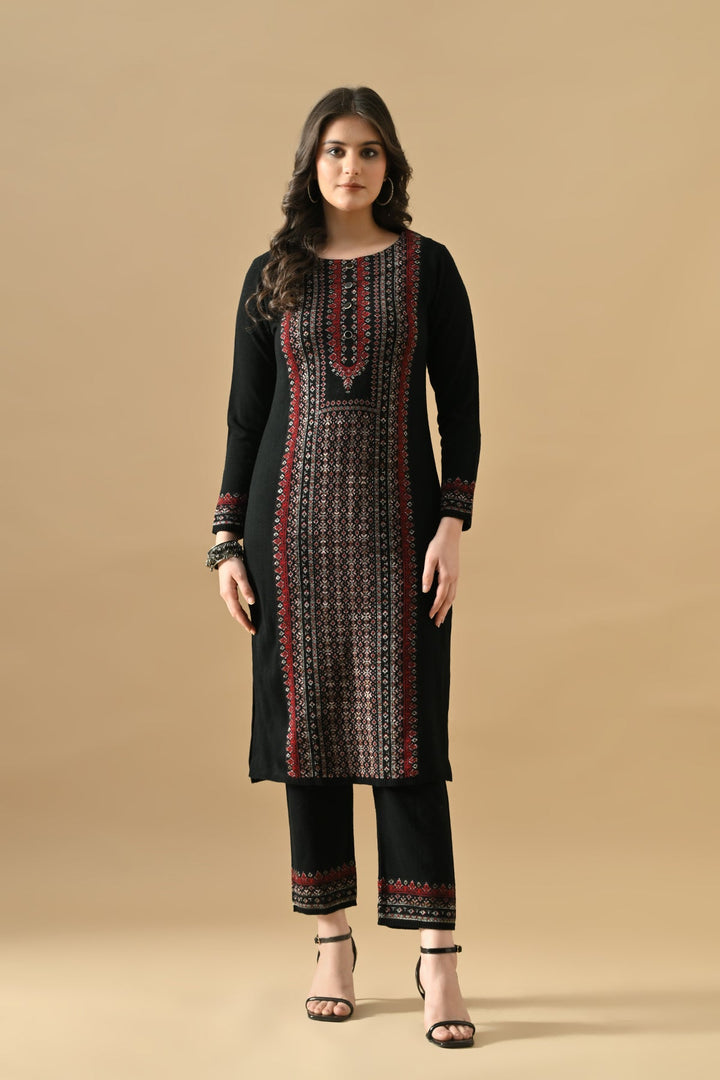 Winter Black Printed Ethnic Motifs Woven Kurta Set