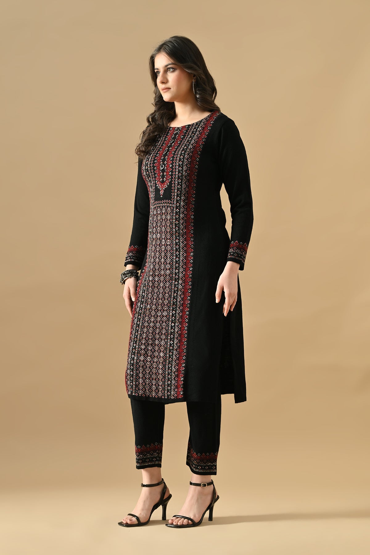 Winter Black Printed Ethnic Motifs Woven Kurta Set