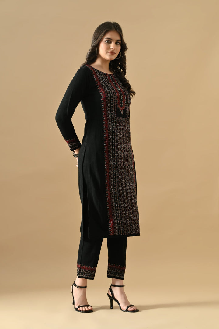 Winter Black Printed Ethnic Motifs Woven Kurta Set