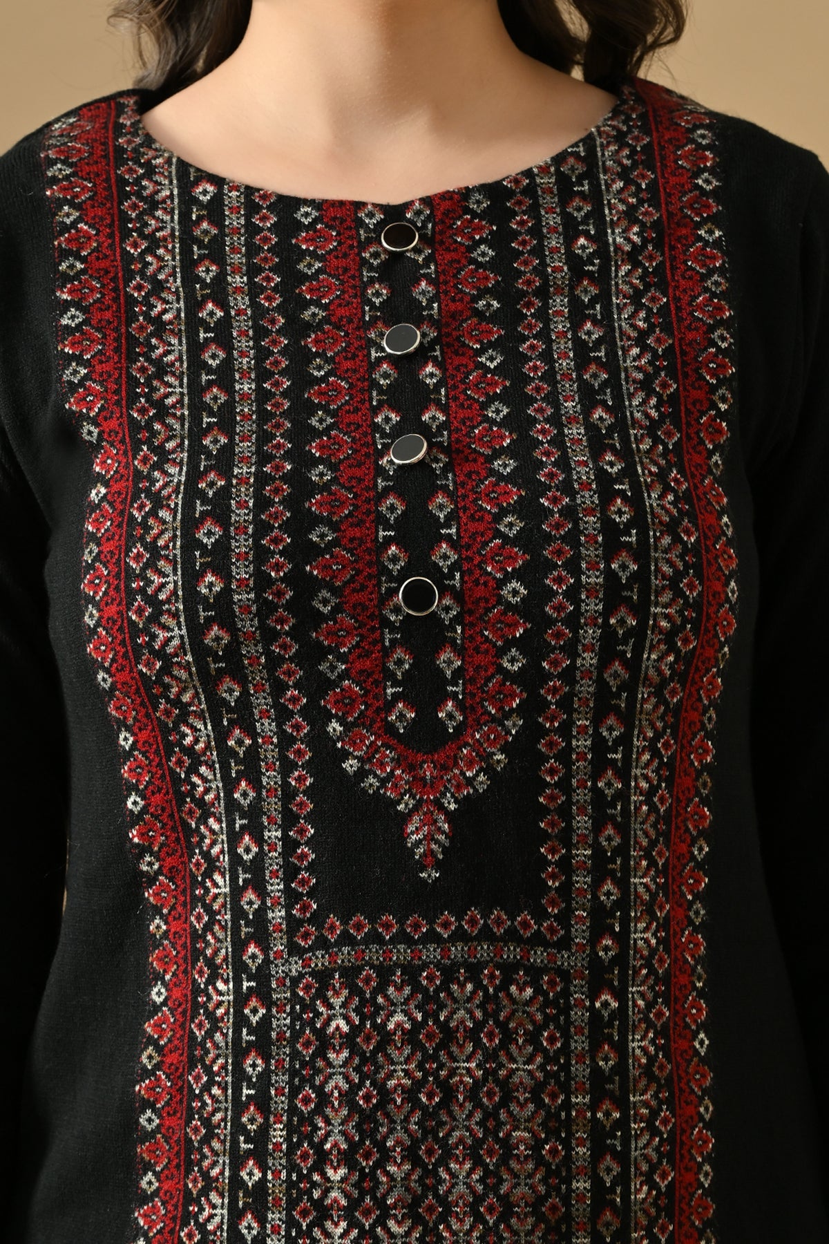 Winter Black Printed Ethnic Motifs Woven Kurta Set