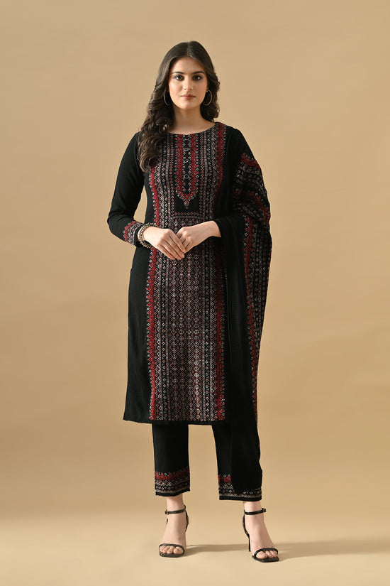 Winter Black Printed Ethnic Motifs Woven Kurta Set