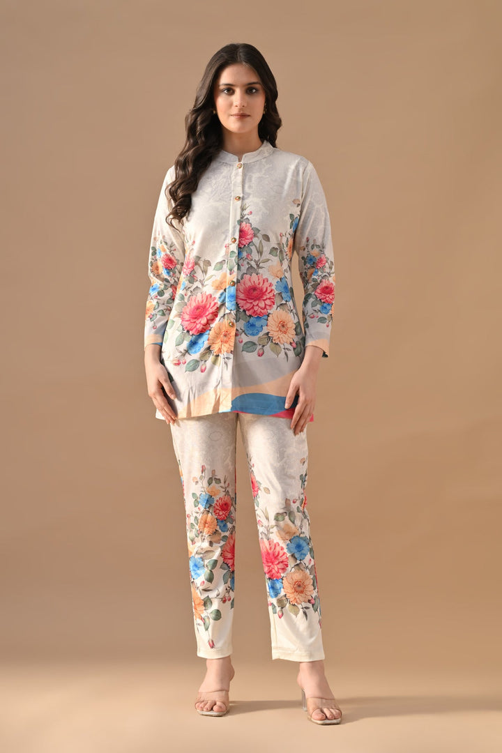 Winter Cream Floral Printed Velvet Co-Ord Set