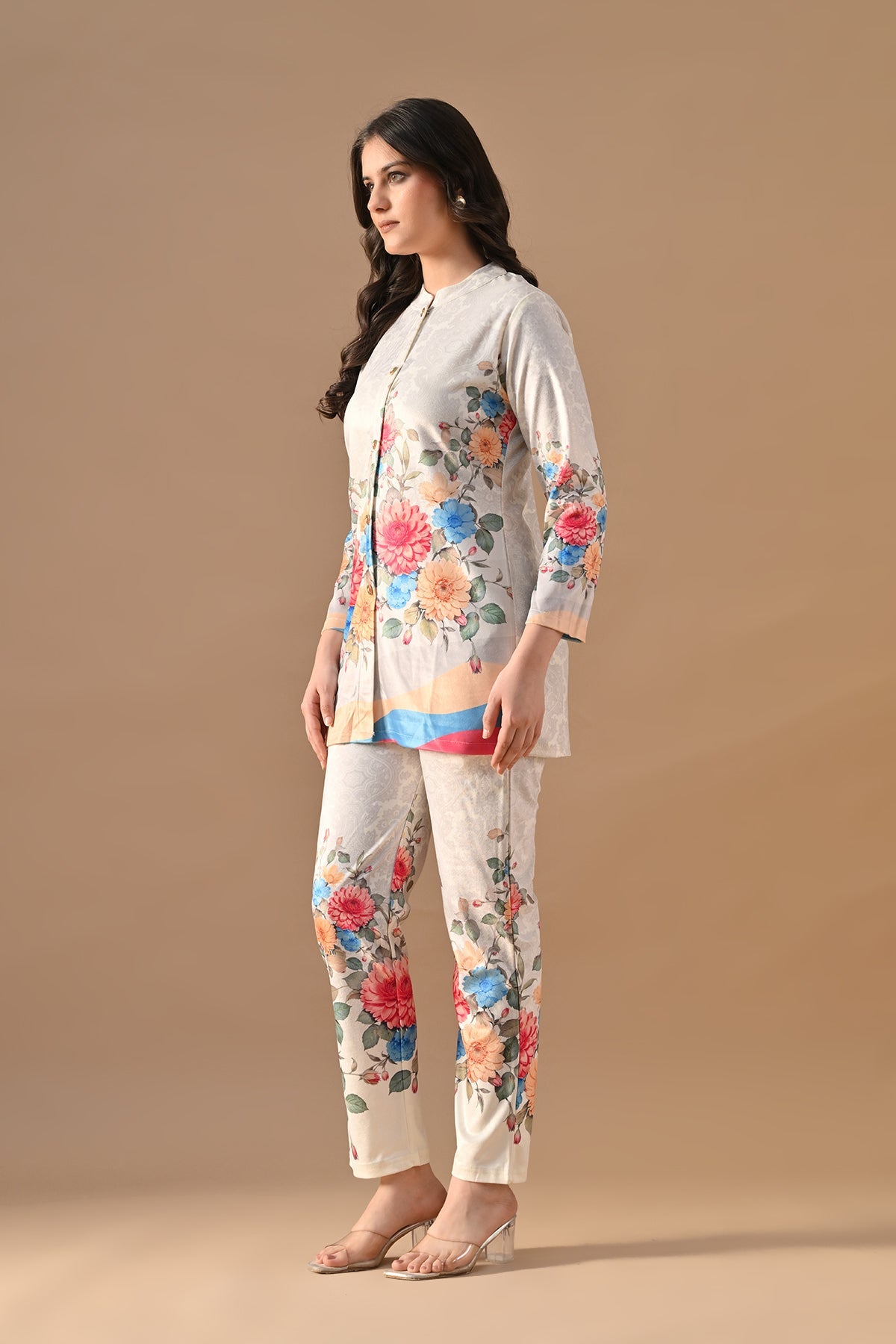 Winter Cream Floral Printed Velvet Co-Ord Set