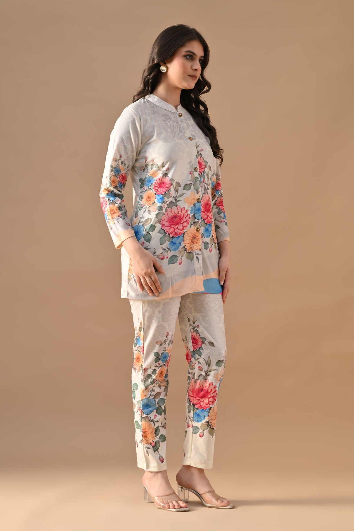 Winter Cream Floral Printed Velvet Co-Ord Set