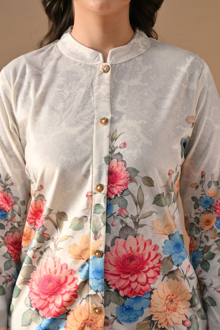 Winter Cream Floral Printed Velvet Co-Ord Set