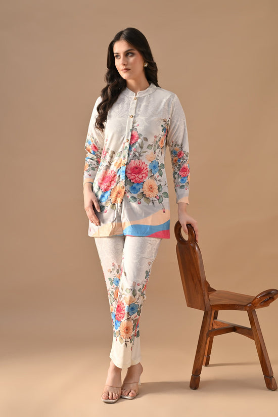 Winter Cream Floral Printed Velvet Co-Ord Set