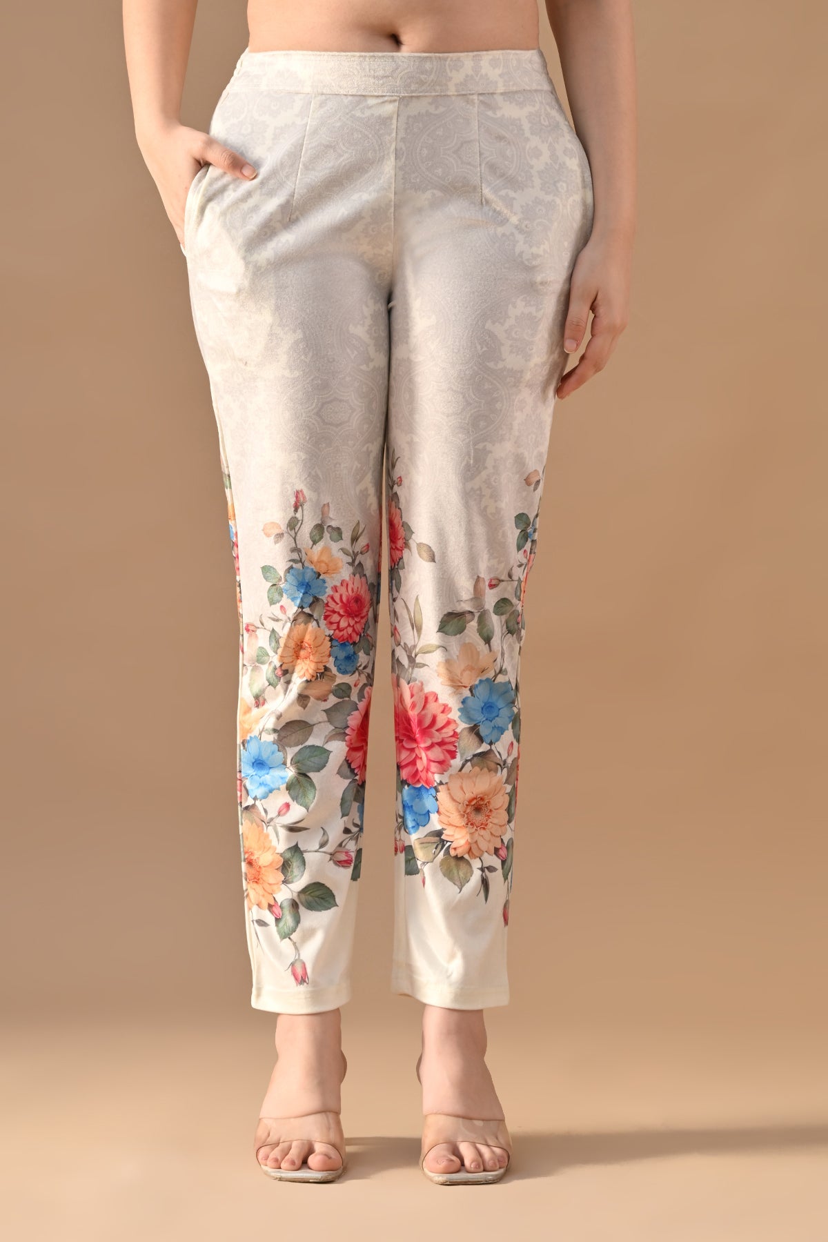 Winter Cream Floral Printed Velvet Co-Ord Set