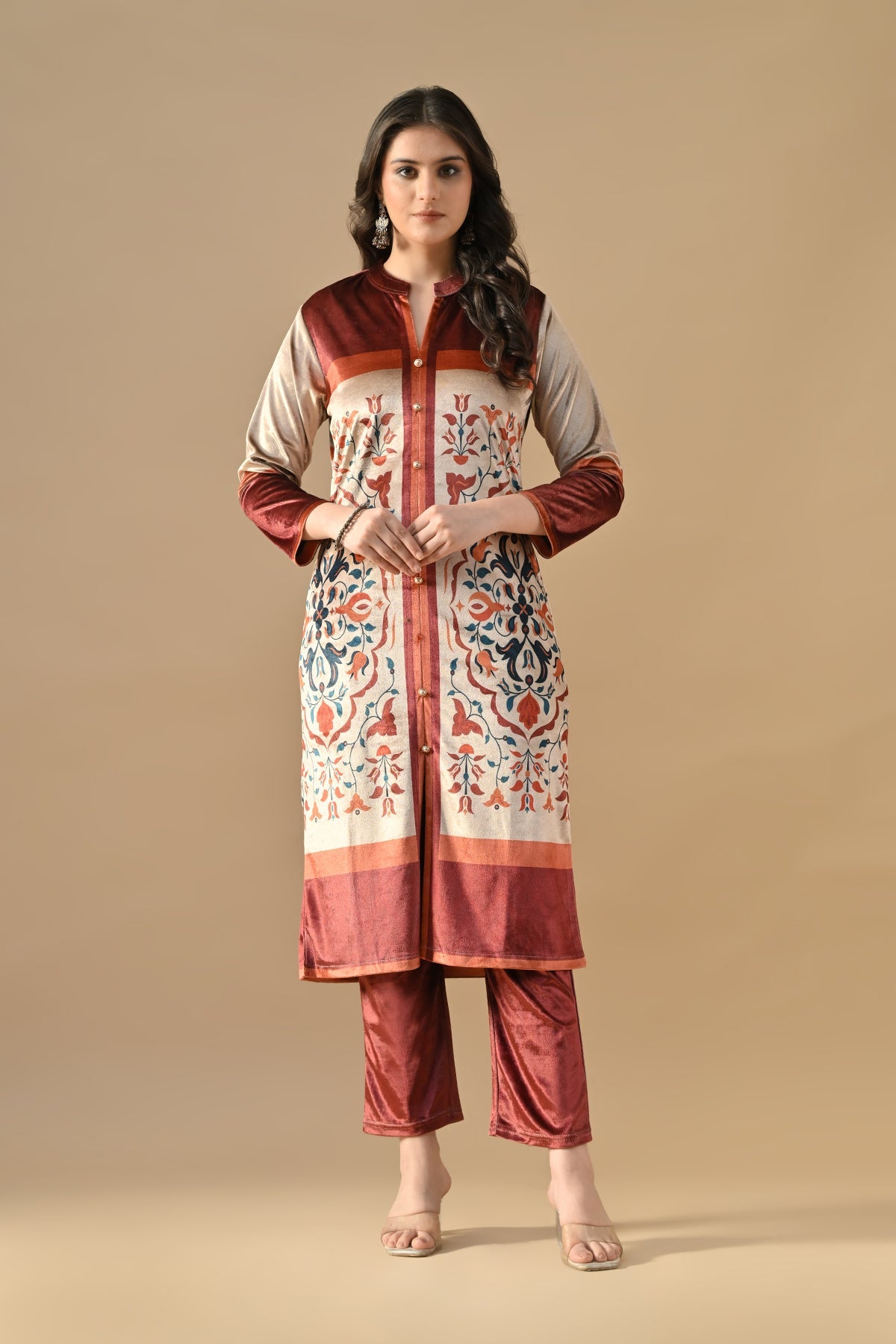 Winter Multi Printed Velvet Kurta 3 Pcs Set