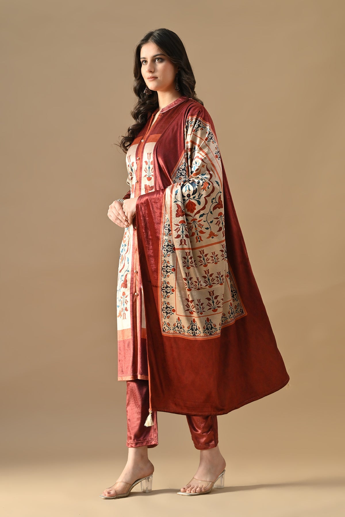 Winter Multi Printed Velvet Kurta 3 Pcs Set