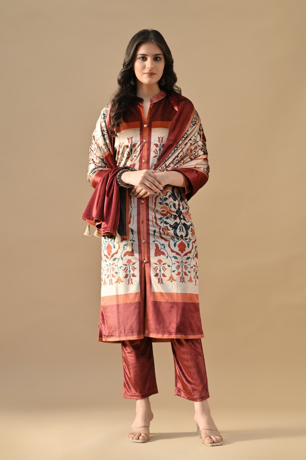 Winter Multi Printed Velvet Kurta 3 Pcs Set