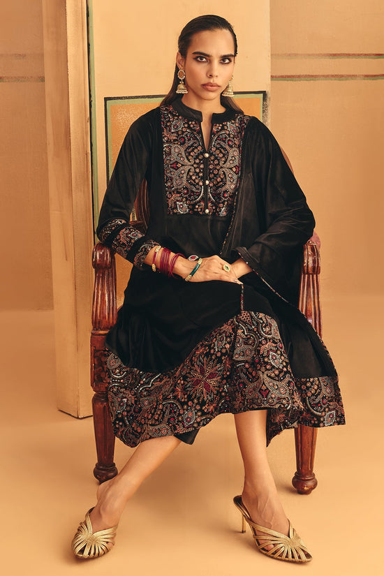 Winter Black Printed Velvet Kurta Set