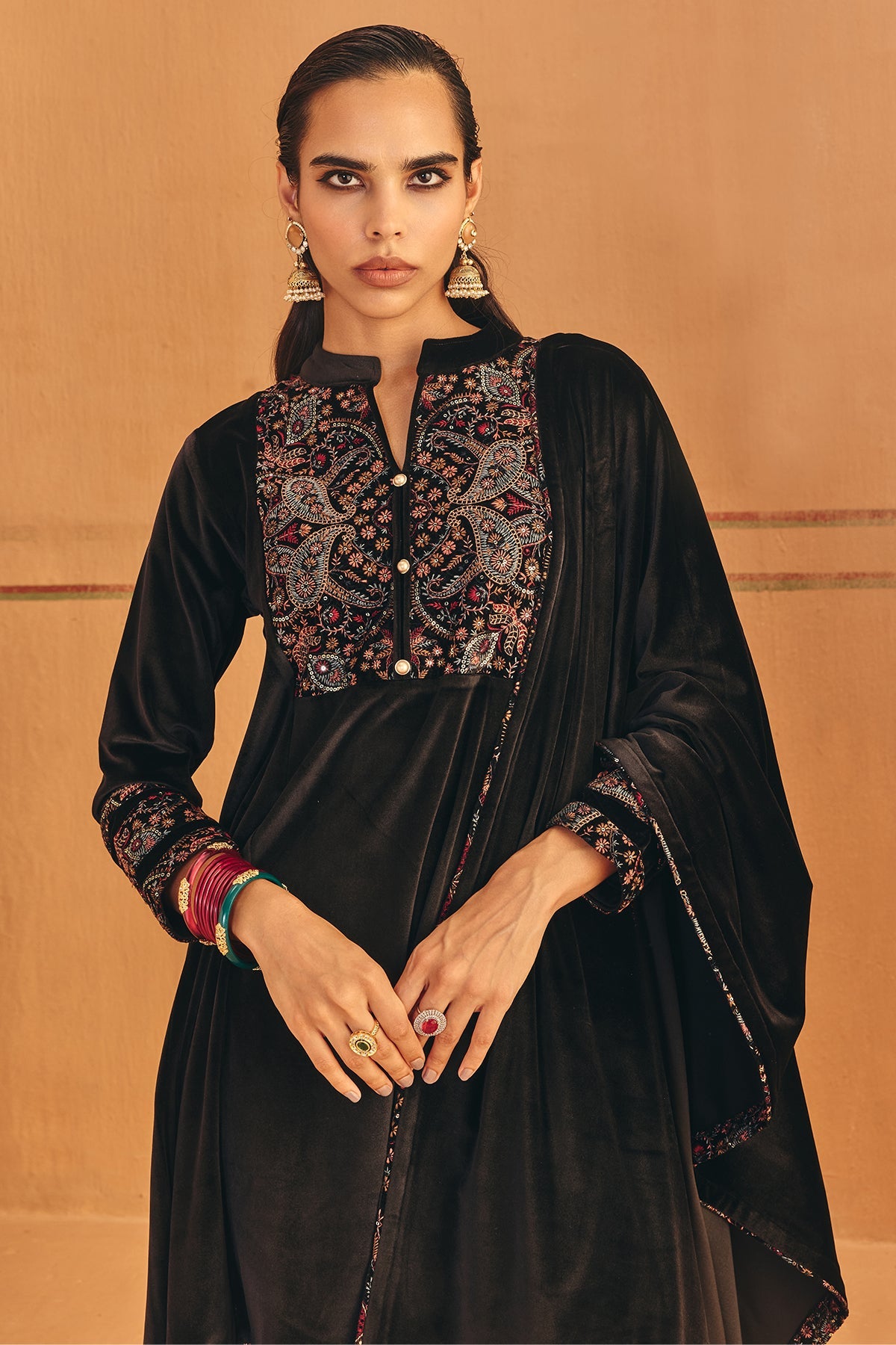 Winter Black Printed Velvet Kurta Set