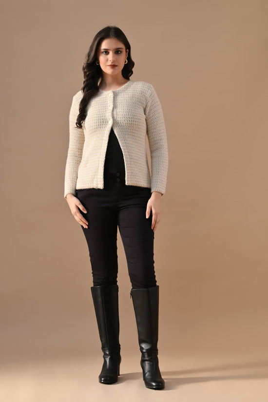 Winter Cream Woven Round Neck Cardigan