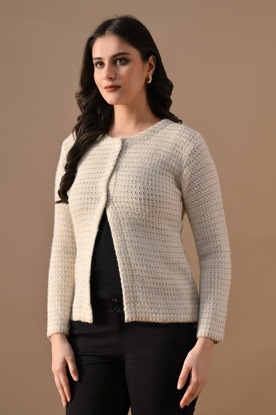 Winter Cream Woven Round Neck Cardigan