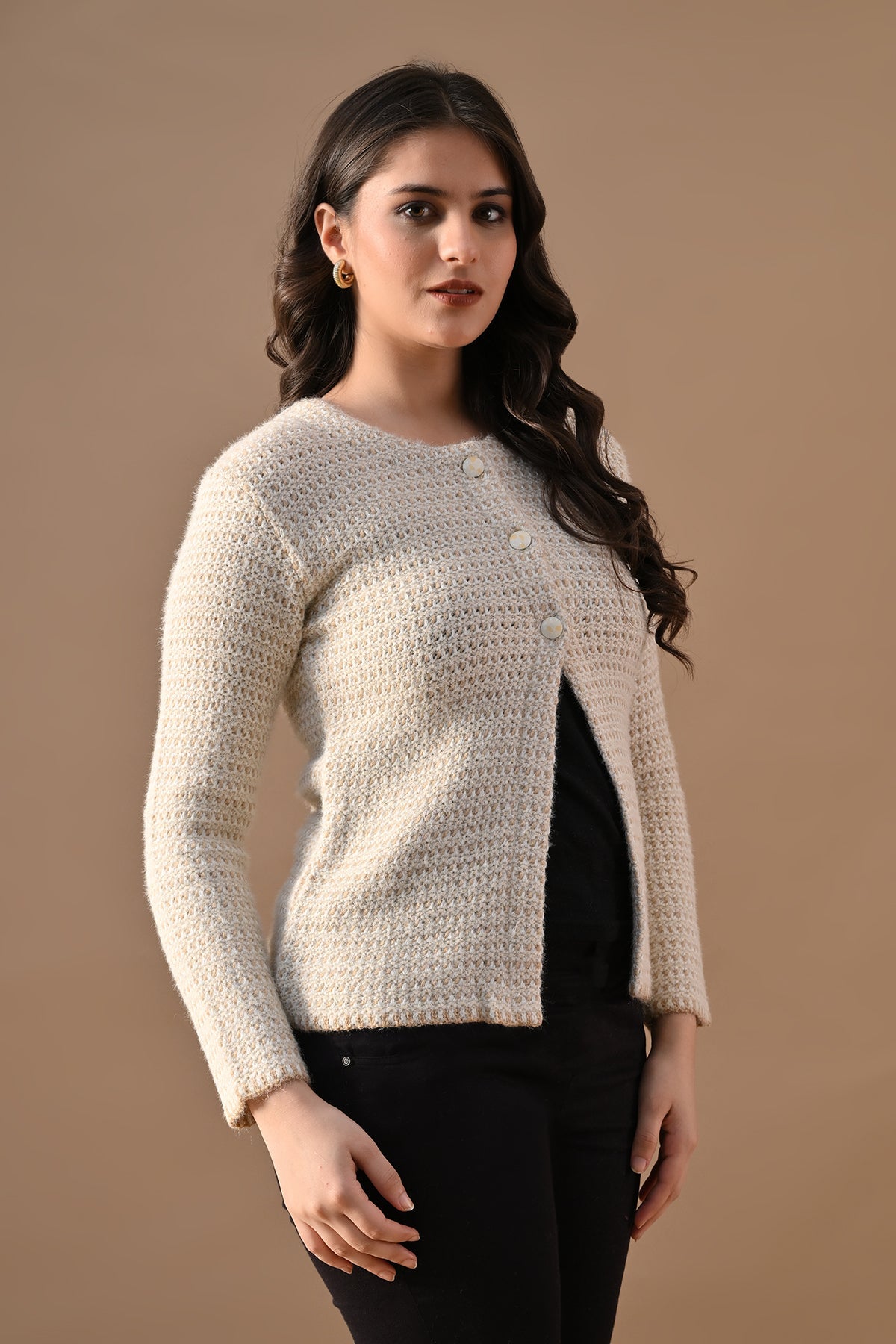 Winter Cream Woven Round Neck Cardigan