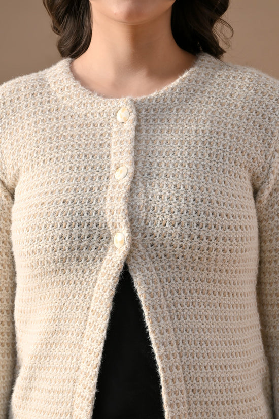 Winter Cream Woven Round Neck Cardigan