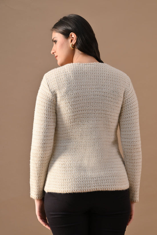 Winter Cream Woven Round Neck Cardigan