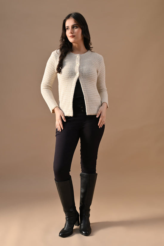 Winter Cream Woven Round Neck Cardigan