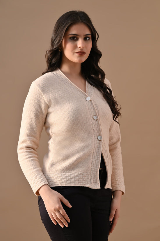 Winter Cream Woven V-Neck Cardigan