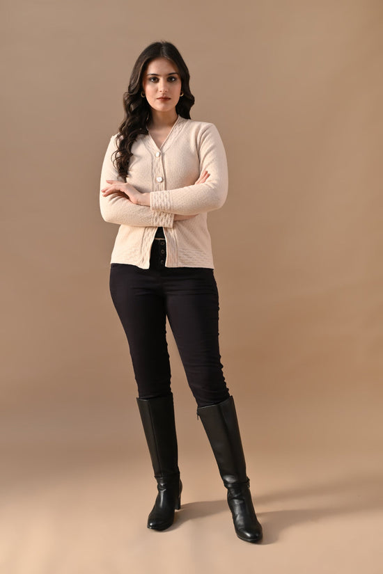 Winter Cream Woven V-Neck Cardigan